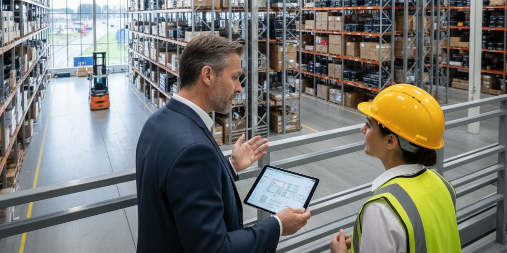 A commercial broker in a suit shows a logistics expert with a safety helmet and high-visibility vest planning details of a modern, fully stocked warehouse with high racks and industrial trucks on a tablet. They stand on an elevated platform and look out over the expanse of the logistics property